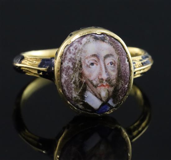 A rare mid 17th century enamelled gold oval memorial ring for Charles I (1600-1649), finger size K.